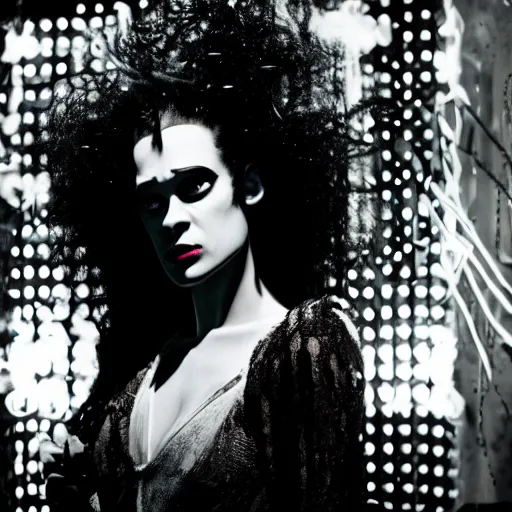 Image similar to cinematic portrait of bride of frankenstein as a replicant in a busy nightclub, frightened and angry, still from the movie ex machina, fashion photography, a neon sign is in the background