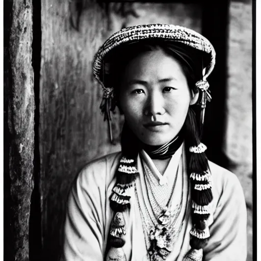 Image similar to a Sebastião Salgado's photograph of portrait a tibetan young woman wearing a traditional dress looking at the camera, high quality, award wining, 4k