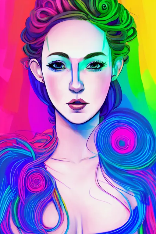 Prompt: a award winning portrait of a beautiful woman with stunning eyes in a one off shoulder croptop and cargo pants with rainbow colored hair, outlined by whirling illuminated neon lines and fine lines swirling in circles by lois van baarle, digital art, trending on artstation