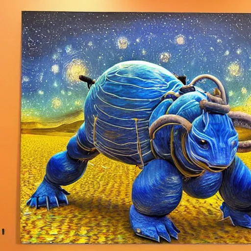 Prompt: highly detailed 3 d blastoise, the background is the starry nights by van gogh, oil - on - canvas painting, hdr, 4 k