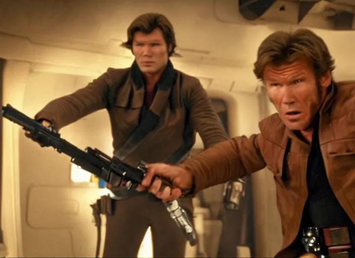 Prompt: film still of clint eastwood man with no name as han solo aiming a gun in new star wars, inside a tavern, 4 k