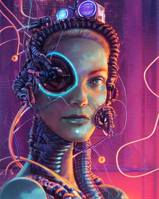 Image similar to a cyberpunk close up portrait of cyborg medusa, electricity, snakes in hair, sparks, bokeh, soft focus, skin tones, warm, sky blue, daylight, geometric, by paul lehr, jesper ejsing