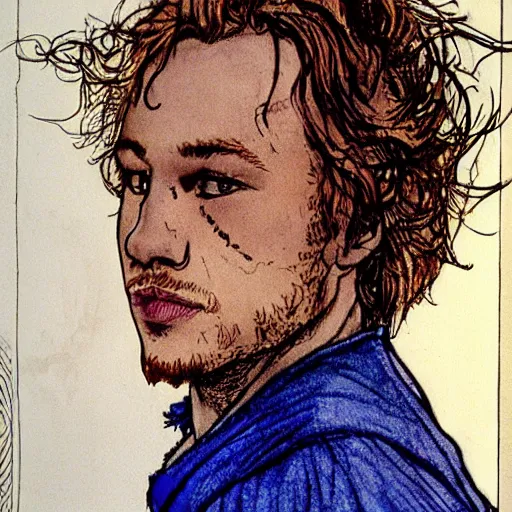 Prompt: Heath Ledger young wizard with blonde hair and blond beard wearing a blue robe, illustration by Arthur Rackham