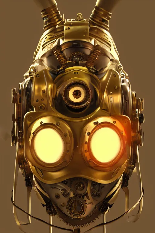 Image similar to steampunk mask minimalist fantasy art robot ninja helmet, global illumination ray tracing hdr fanart arstation by sung choi and eric pfeiffer and gabriel garza and casper konefal radiating a glowing aura