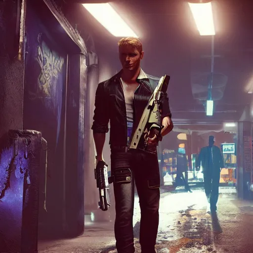 Prompt: a detailed full body painting of an extremely handsome jensen ackles as the terminator walking down a dark alley in cyberpunk 2 0 7 7, holding two sawed off shotguns, volumetric lighting, octane render, 8 k, art by greg rutkowski and albert bierstadt and alphones mucha