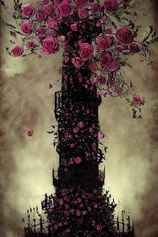 Image similar to elegant fairytale tower covered in roses, full body portrait of medieval princess, cottagecore, nostalgia of a fairytale, Exquisite, dramatic lighting, black paper, muted colors and gradients, by Jeff Jones, Jeffrey Jones, Jeffrey Catherine Jones