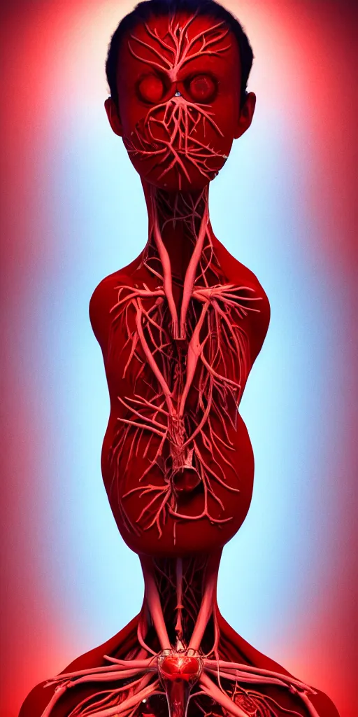 Image similar to poster design, full body anatomical model, 3 d photographic render of a deconstructed asymmetric human anatomical correct human body, in hoc signo vinces, waterfall, in the style of leonora carrington, gottfried helnwein, intricate composition, blue light by caravaggio, insanely quality, highly detailed, masterpiece, red light, artstation