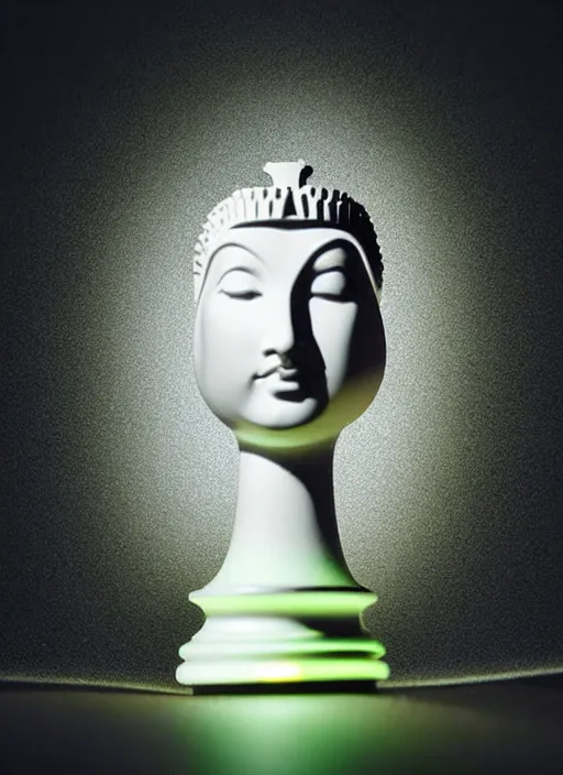 Image similar to queen chess piece photo, beautiful veil of led point lights, pearlescent skin, very detailed, highly detailed background, photorealism, sharp focus, photorealism,zen, soft diffuse autumn lights, some sunlight ray, dark room wall, canon 5D 50 mm lens