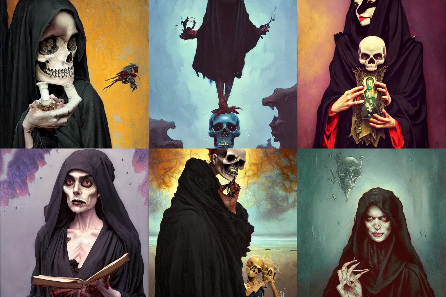Prompt: An hysterical which stares at a deep black skull with in her hand! She wear a long dark robe. The background is bone fire. Painted by Tony Sandoval, Enki Bilal, Caravaggio, Greg rutkowski, Sachin Teng, Thomas Kindkade, Alphonse Mucha, Norman Rockwell, Tom Bagshaw. Oil painting.