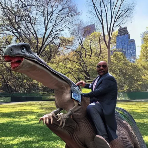 Image similar to steve harvey riding a dinosaur in central park