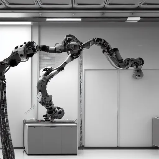 Image similar to abb industrial robot arm in a white clean room with global illumination intricate details wires