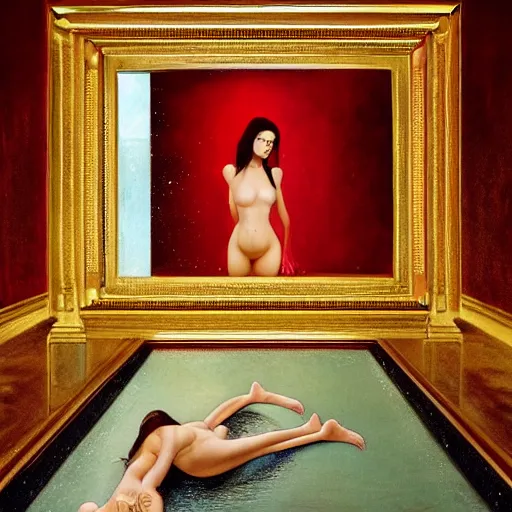 Prompt: Renee Herbert full body laying in a blood red pool of water between a golden mirror frame, outside is space and inside the mirror frame is a beautiful landscape., physically accurate, dynamic lighting, intricate, elegant, highly detailed, digital painting, artstation, HR GIGER, Hieronymus Bosch, Francis Bacon, concept art, smooth, sharp focus, illustration, art by artgerm and greg rutkowski and alphonse mucha