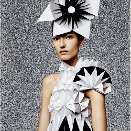 Image similar to portrait of a beautiful model wearing origami themed paper flower and geometric shapes haute couture by issey miyake