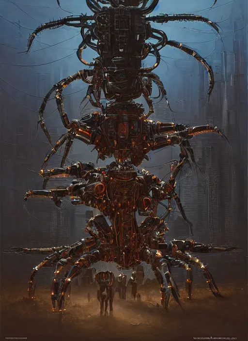 Prompt: large robotic spider shape bristling with weapons, neal asher sci - fi, cyberpunk, artstation, conceptual, hyperdetailed, donato giancola, james gurney, neon lights, acid glow, mood lighting, rust