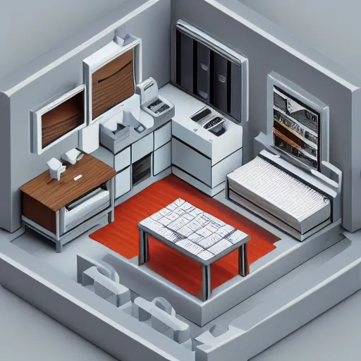 Image similar to isometric room 3 d model, realistic, detailed, crowded, neat