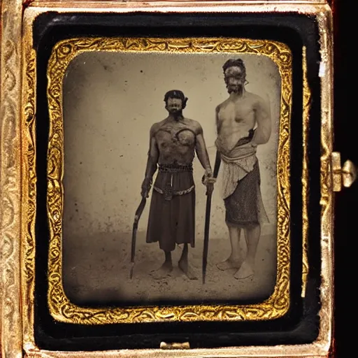 Prompt: spartan man and his helot slave, helot, ancient sparta, daguerreotype photograph, ancient photograph