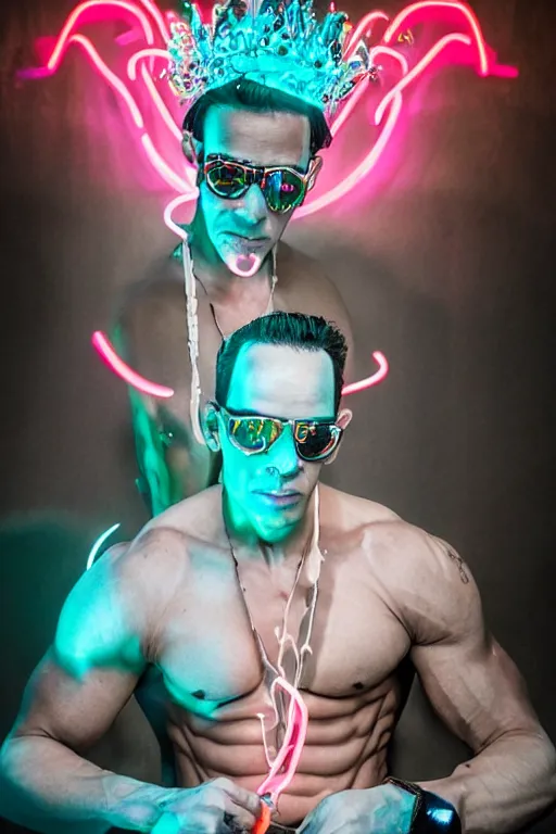 Image similar to full-body rococo and cyberpunk style neon statue of a muscular attractive Marc Anthony wearing cholo shades macho dotado e rico android sim roupa reclining con las piernas abertas e la piroca dura, ethereal white dripping tar, glowing orange lasers, pink tigers, glowing eyes, silver prince crown, black gears, pink diamonds, swirling mint-colored silk fabric. futuristic elements. full-length view. human skulls. large intricate artwork by caravaggio. Trending on artstation, octane render, cinematic lighting from the right, hyper realism, octane render, 8k, depth of field, 3D