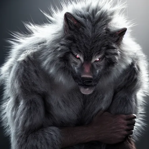 Image similar to man transforming into a werewolf with grey realistic fur, high detail, hyper realism, unreal engine, 8 k