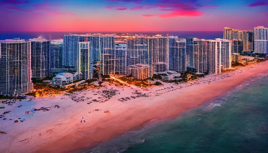 Prompt: miami hotels, unreal engine, digital art, drone photography, sunset, sharp focus, beach, vivid color, clear sky