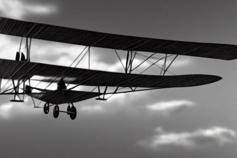 Image similar to still photo of the wright brothers flying airplane for the first time, black and white color photograph, highly detailed, photorealistic shot, bright studio setting, studio lighting, crisp quality and light reflections, unreal engine 5 quality render