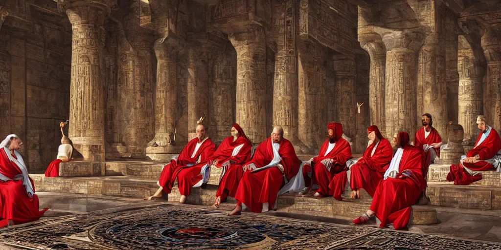 Image similar to ancient senators in red and white robes sit in tribunes, egyptian teal mosaic background, highly detailed, beautiful cinematic light deep focus, elegant, digital painting, smooth, sharp focus, golden ratio, dramatic illumination, art by aleksi briclot, rutkowski and caravaggio