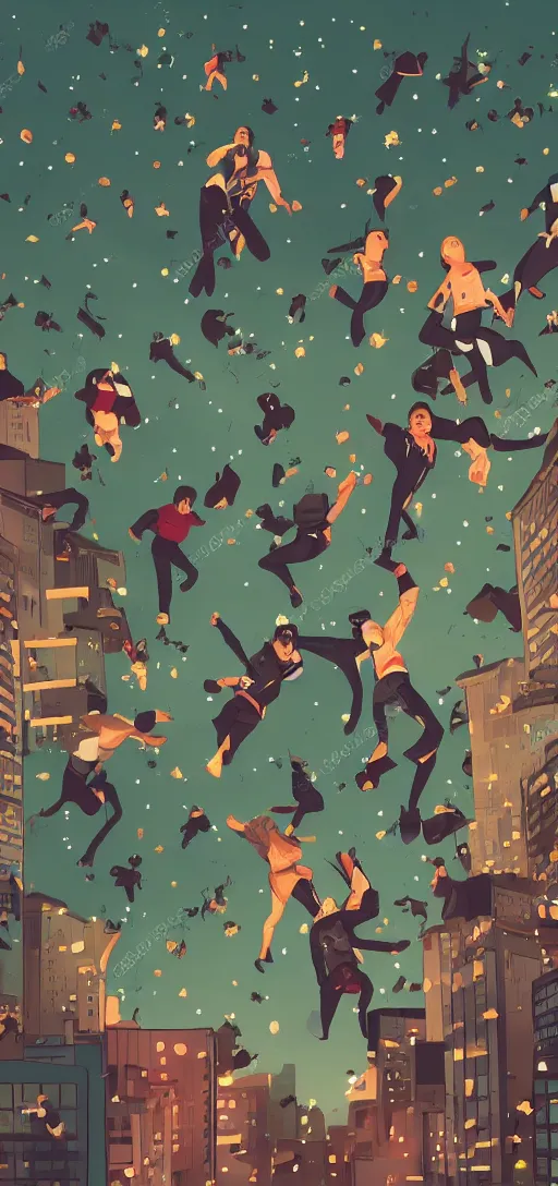 Image similar to people falling from the sky in a night city