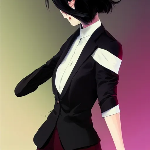 Image similar to girl in tuxedo with black chaotic wavy short haircut, elegant, 2d, ultra highly detailed, digital painting, smooth, sharp focus, artstation, art by Ilya Kuvshinov and Range Murata