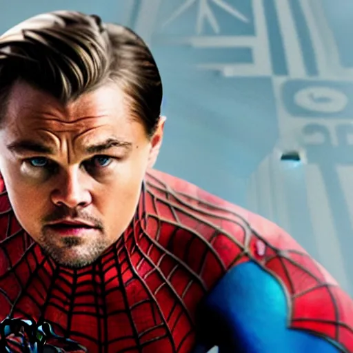 Image similar to leonardo dicaprio as spiderman, film still