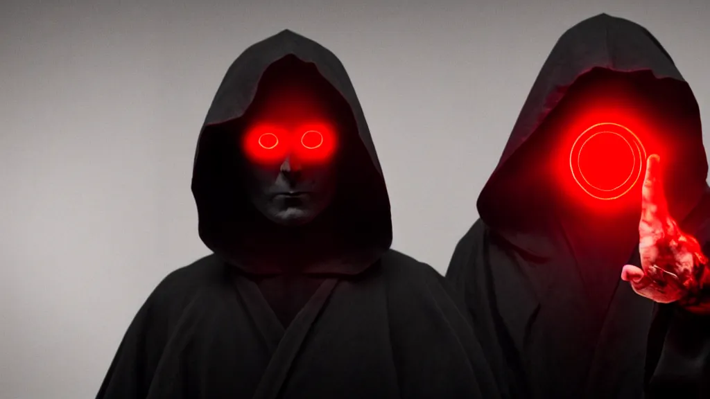 Image similar to dark lord looking into the camera, red glowing eyes, wearing black robe, scary, horror, very detailed, long shot