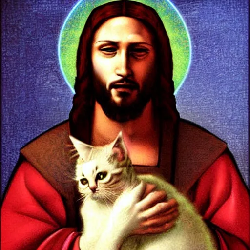 Image similar to portrait of jesus holding a cute cat, digital art, by leonardo da vinci