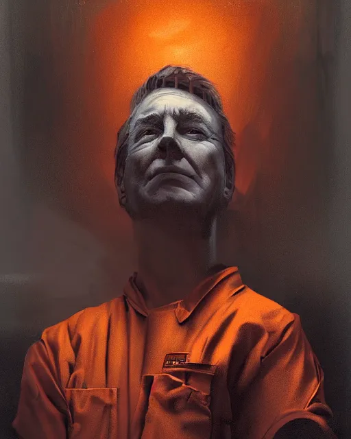 Image similar to a head and shoulders portrait of Donald trump wearing a orange jumpsuit, sitting on the floor of a filthy rat infested concrete jail, dimly lit, volumetric lighting, in jail by craig mullins and Annie Leibowitz, octane, 8k,