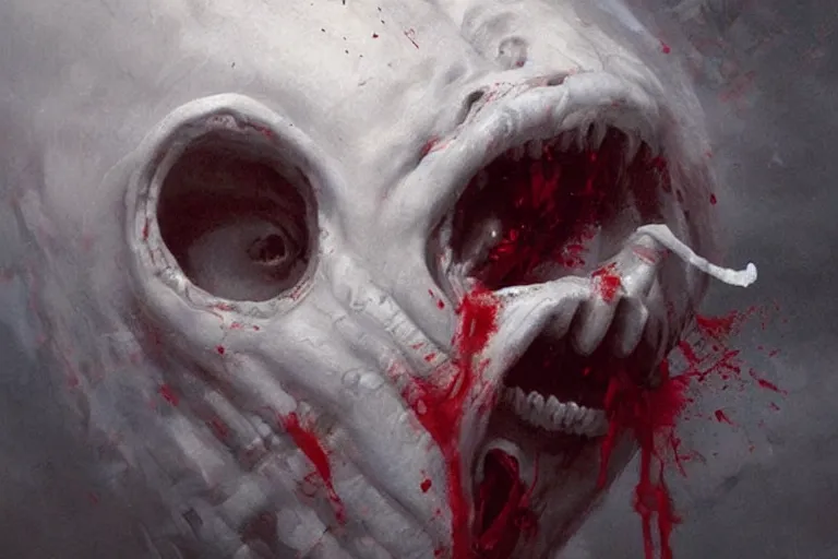 Prompt: painting by greg rutkowski of a flying human head and face that is chalk white in color crying, with long tentacles coming of the neck, red eyes, flying in a terrying hell like cavernous place