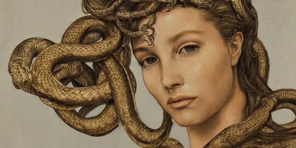 Image similar to realistic portrait of medusa with her snakes, golden, delicate, hyper realism, 1 4 5 0, ink, ultra realistic, 8 k