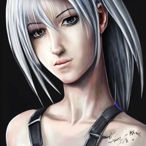 Image similar to portrait of tifa lockhart with silver hair, detailed background, trending on artstartion
