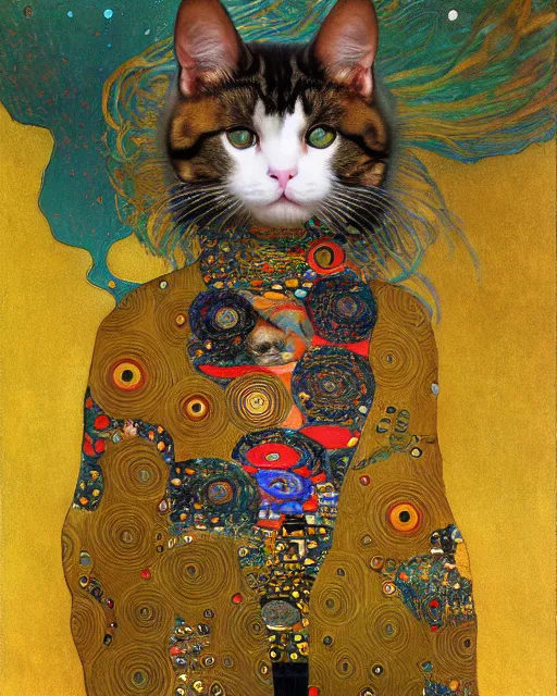 Image similar to jacket cat portrait an oil painting splashes with many colors and shapes by gustav klimt greg rutkowski and alphonse mucha, polycount, generative art, psychedelic, fractalism, glitch art