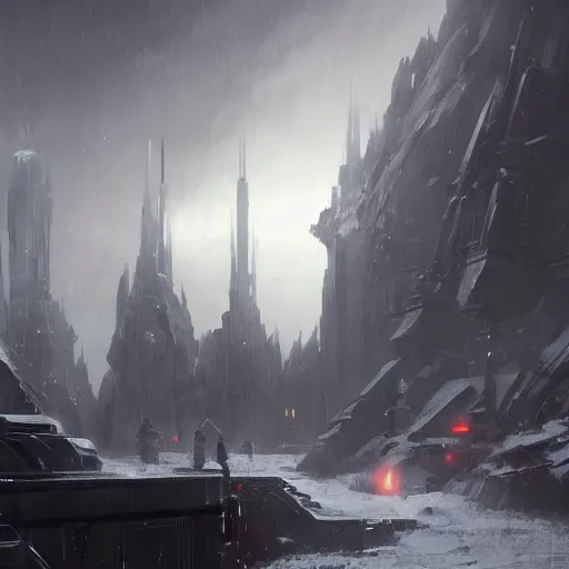 Image similar to star wars concept art by greg rutkowski, a neogothic city in the middle of a snowy landscape, dark clouds, scarce rays of sunlight, enigmatic atmosphere, artstation hq.