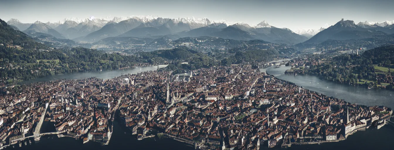 Image similar to Photo of Zurich, looking down the river at the lake and the alps, Hardturm, Grossmünster, wide angle, volumetric light, hyperdetailed, mountain water, artstation, cgsociety, 8k