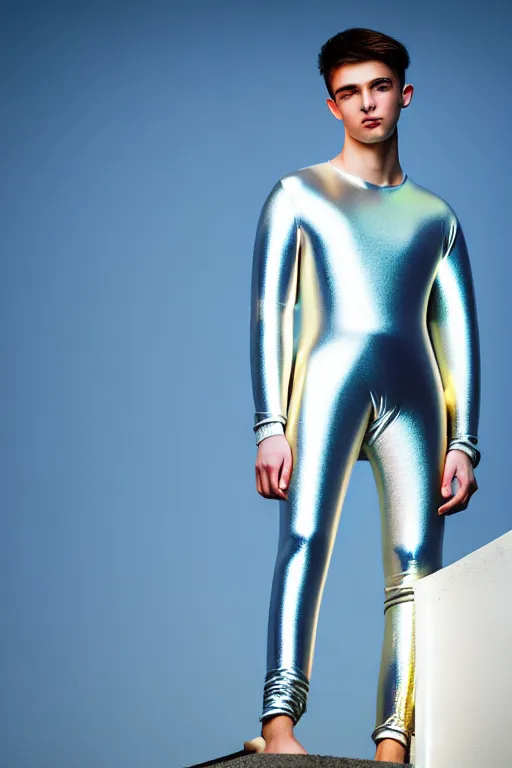 Image similar to un ultra high definition studio quality photographic art portrait of a young man standing on the rooftop of a british apartment building wearing soft baggy inflatable padded silver iridescent pearlescent clothing. three point light. extremely detailed. golden ratio, ray tracing, volumetric light, shallow depth of field. set dressed.