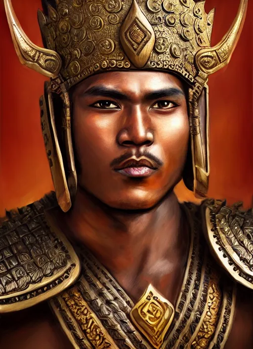 Prompt: smart tai warlord, sukothai, closeup portrait, without beard and mustache, historical hero, ethnic group, tai costume, tai traditional bronze headdress, intricate, with leather armor cross on bare chest, elegant, loin cloth, highly detailed, oil painting, artstation, concept art, matte, sharp focus, illustration, hearthstone, art by earl norem