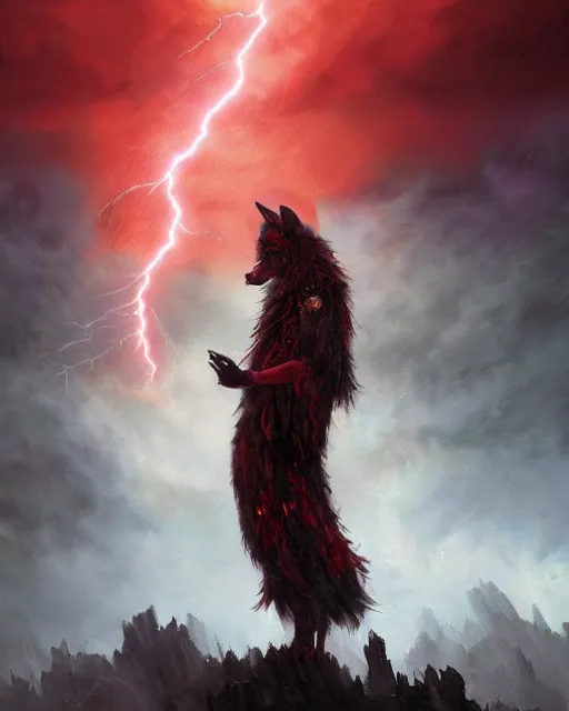 Prompt: oil painting of Anthropomorphized Wolf Shaman casting spell, wearing red fur cloak, sharp focus, lightning storm background, magical aura, evil, heroic pose, fantasy style, octane render, volumetric lighting, 8k high definition, by greg rutkowski, highly detailed, trending on art Station, magic the gathering artwork, Lightning storm background, centered, dramatic artwork