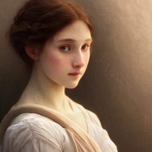 Image similar to Portrait of beautiful pale peasant girl, cinematic lighting, intricate, elegant, highly detailed, digital painting, artstation, smooth, sharp focus, illustration, art by artgerm and greg rutkowski and alphonse mucha and Wayne Barlowe and william-adolphe bouguereau