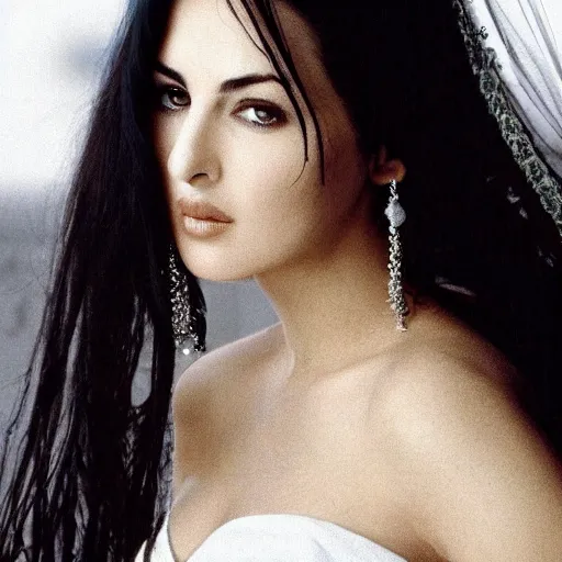 Prompt: young arab Monica Bellucci, blue eyes, long wavy black hair, white veil, closeup, focus, light makeup