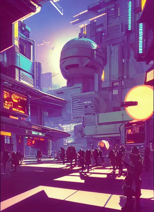 Image similar to photo of cyberpunk school, scifi, bright light, busy street, morning sun, interesting angle, 8 k high definition, insanely detailed, art by syd mead and masamune shirow