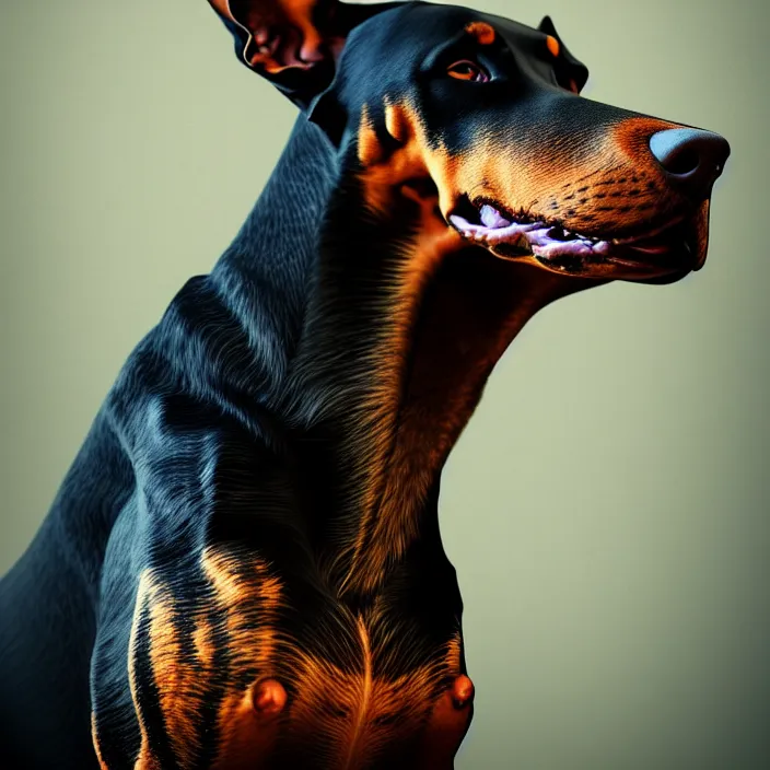 Image similar to portrait of skeleton as doberman. intricate abstract. intricate artwork. by Tooth Wu, wlop, beeple, dan mumford. octane render, trending on artstation, greg rutkowski, very coherent symmetrical artwork. cinematic, hyper realism, high detail, octane render, 8k, iridescent accents, deep blacks