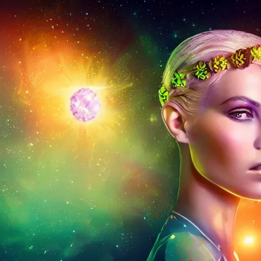 Image similar to hyperrealistic portrait of unknown extraterrestrial interstellar civilization woman in style of ingo swan, in style of retro sci - fi with holographic hexagonal flowers as crown 8 k