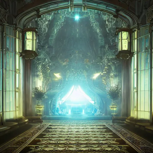 Image similar to the grand magical entrance, marbme floors, art by kotaro chiba, volumetric lighting, epic composition