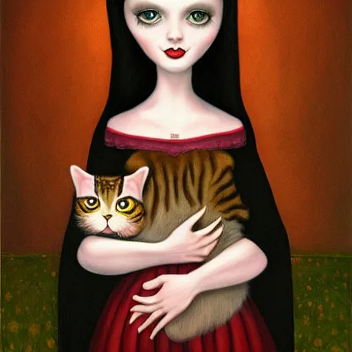 Image similar to a painting of a woman holding a cat, a character portrait by mark ryden, featured on deviantart, gothic art, tarot!!!!! card, deviantart, gothic