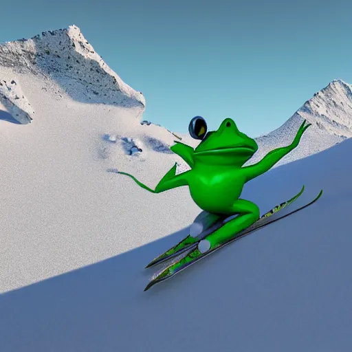 Image similar to 3 d octane render of a man dressed like a frog skiing down a snowy mountain