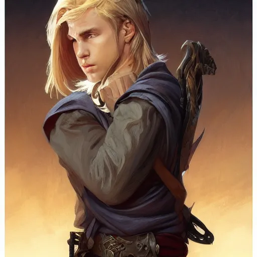 Prompt: an epic fantasy comic book style portrait painting of a young blonde boy wearing plain thief clothes, confident, d & d, fantasy, intricate, elegant, highly detailed, digital painting, artstation, concept art, matte, sharp focus, illustration, art by artgerm and greg rutkowski and alphonse mucha