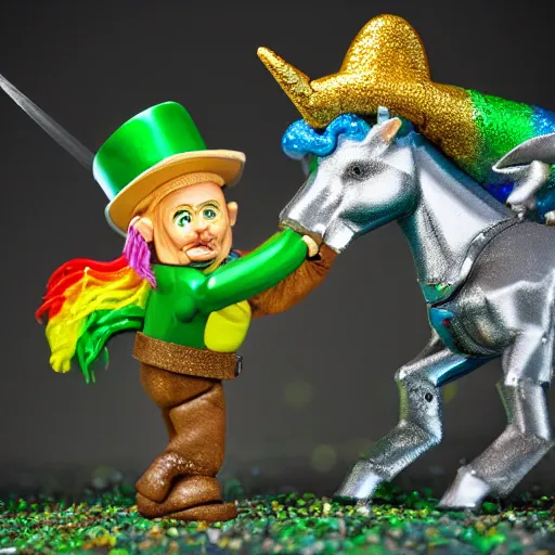 Image similar to leprechaun fighting a robotic unicorn, detailed, photorealistic, 8 k, wide shot,